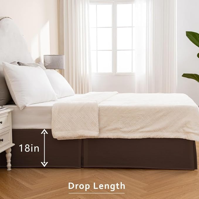 MIYE Pleated Waffle Weave Bed Skirt, Tailored Dust Ruffle 18 Inch Drop Easy Fit, Machine Washable (Brown, Queen - 18" Drop)