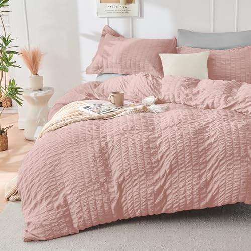 HYMOKEGE Rose Gold/Light Grey Full Size Comforter Sets Seersucker 7 Pieces - Image 2