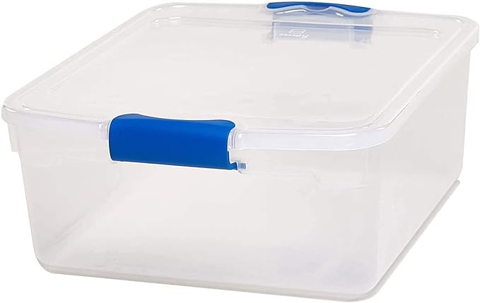 HOMZ 4-Pack 15.5 Quart Latching Lid, Clear Plastic Storage Organizer Bins, Blue – Stackable Containers for Home & Office Shelves, Kitchen, Garage, and Bathroom Organization