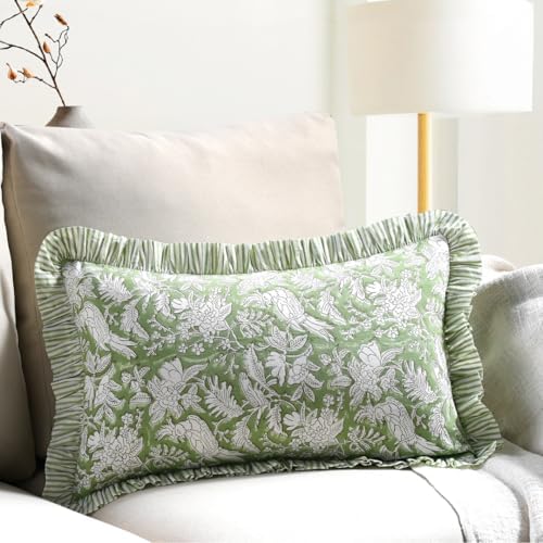 CPC Block Print Olive Green Ruffle Cotton Lumbar Pillow Cover 12x20 inch by COTTONPRINTCLUB