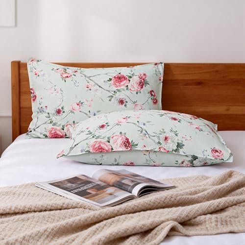 CHUFFED 100% French Linen Pillow Cases Pink Rose Print, Farmhouse Floral Stone - Image 6