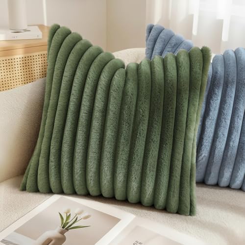 decorUhome Fall Faux Fur Throw Pillow Covers 16x16 Set of 2 Olive Green - Image 6