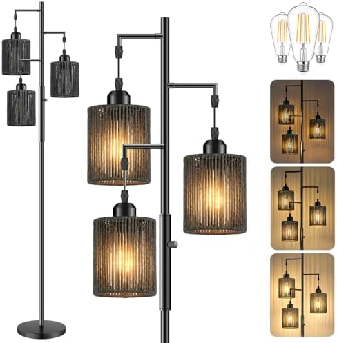 Hotsonic 72" Boho Rattan Tree Floor Lamp, Tall Dimmable Industrial Standing Lamp, Corner Decor Accent Lighting for Living Room, Bedroom, Dining Room, Nursery, Cafe (3 x 800LM Bulbs Included) - Black by Hotsonic