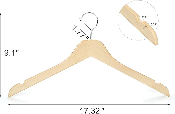 TOPIA HANGER Wooden Hangers 30 Pack, 0.28-inch Slim & Durable Clothes Hangers Space Saving, Natural Wood Hanger with 360°Swivel Hook and Smooth Notches for Coat,Shirts, Camisoles-CT31N