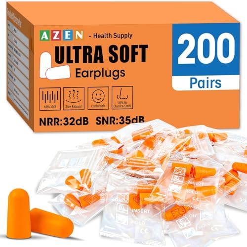AZEN 200 Pairs Ear Plugs, NRR 32dB Soft Foam Ear Plugs by AZEN