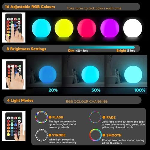 LED Ball Light, 6-inch Glowing Orb Light, Rechargeable Globe Lamp, Dimmable Mood Lights W/Remote, Waterproof Ambient Lighting Lamp for Desk Bedroom Bathroom Patio - Image 2