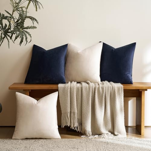 GIGIZAZA Pack of 4 Decorative Velvet Pillow Covers 16x16 Navy Beige - Image 2