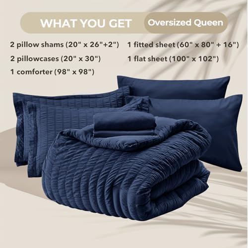 HYMOKEGE Navy Blue Oversized Queen Comforter Set Seersucker 7 Pieces, All - Image 4