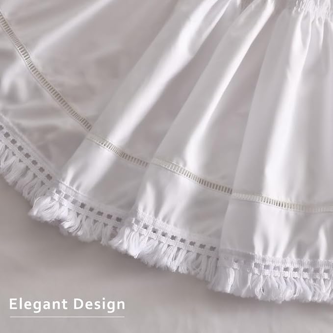 MIYE Wrap Around Ruffled Lace Bed Skirt, Elastic Dust Ruffle with Adjustable Belts, Easy to Put On, Bed Frame Cover, Machine Washable (Tassel Ruffle/White, King/Queen-18 Drop)