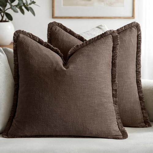 MIULEE Boho Linen Fringe Decorative Fall Pillow Covers Reddish Brown 18x18 by MIULEE