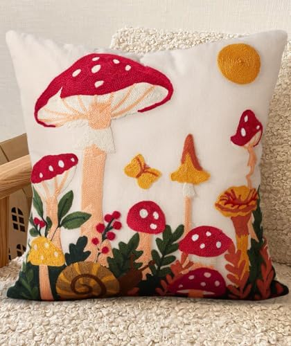 Embroidered Throw Pillow Cover 20x20 Inch, Mushroom Moon by Kokaaee