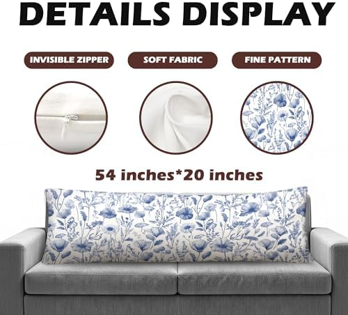 Blue and White Chinoiserie Floral 20x54 Body Pillow Cover, Grandmillennial Home - Image 2