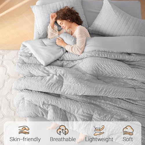 MUXHOMO 7 Pieces Oversized Queen Comforter Set, Seersucker Bed in a Bag - Image 2
