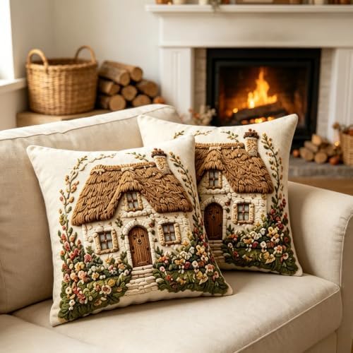 2D Flat Thatched Roof Cottage Linen Throw Pillow Covers 18x18 Set of 2 - Image 5