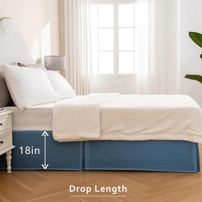 MIYE Pleated Waffle Weave Bed Skirt, Tailored Dust Ruffle 18 Inch Drop Easy Fit, Machine Washable (Blue, Queen - 18" Drop)