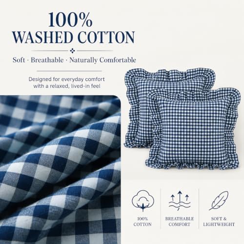 Gingham Throw Pillow Covers 22x22, Ruffle Trim - Image 3