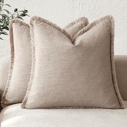 Foindtower Decorative Linen Fringe Throw Pillow Covers 24×24 Natural Linen by Foindtower