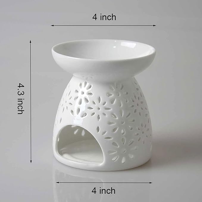 Ceramic Tea Light Holder, Aromatherapy Essential Oil Burner, Wax Warmer, Tealight Holder with White Floral Pattern for Home Decoration, 2PCS