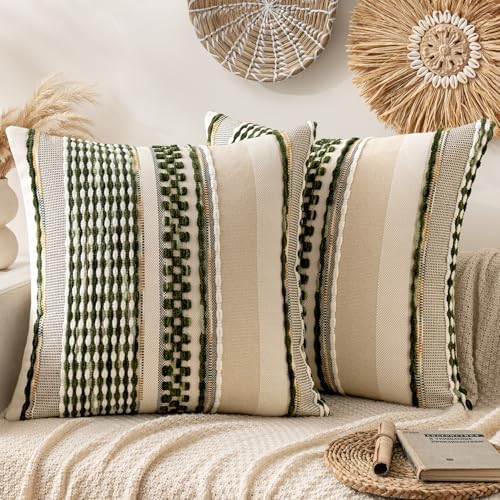 ANRODUO Boho Decorative Pillow Covers Olive Green Stripe 24x24 Pack of 2 by ANRODUO
