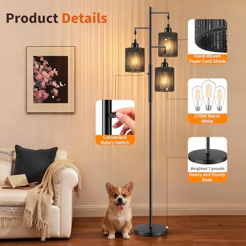 Hotsonic 72" Boho Rattan Tree Floor Lamp, Tall Dimmable Industrial Standing Lamp, Corner Decor Accent Lighting for Living Room, Bedroom, Dining Room, Nursery, Cafe (3 x 800LM Bulbs Included) - Black - Image 6
