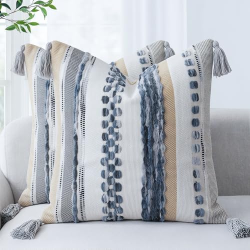 PANOD Chenille Farmhouse Throw Pillow Covers 16 x 16 Grey, Neutral Boucle Couch by PANOD