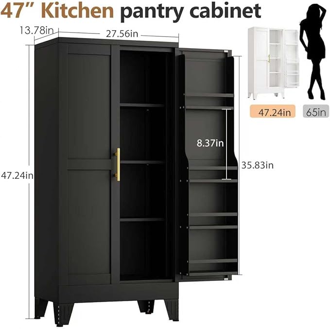 47" Kitchen Pantry Cabinet, Metal Storage Cabinet with 3 Adjustable Layer Shelves, 8 Door Shelves, Buffet Sideboard for Living Room, Kitchen, Black