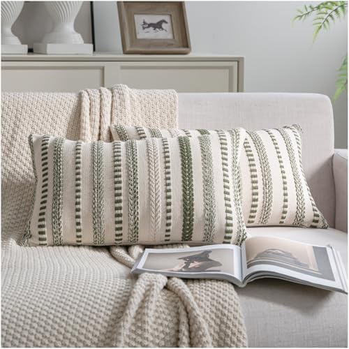 Cethom Green Boho Throw Pillow Covers 12x20 Inch Set of 2, Stripe Textured by Cethom