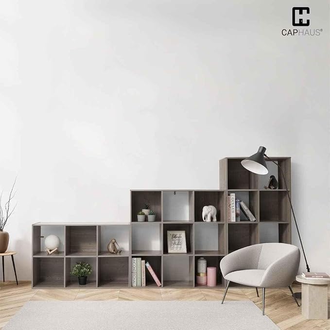 CAPHAUS Sturdy Room 11-Inch Cube Storage Organizer Shelf, with Thick Exterior Edge, Storage Shelf Divider w/Back, Bookcase, 9-Cube, Rustic Grey Oak