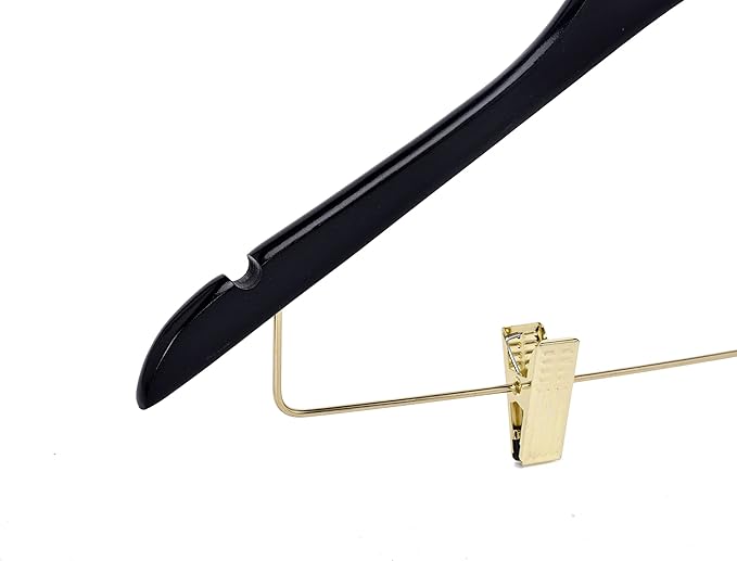 Quality Black Wooden Skirt Hangers with Clips, 20-Pack Smooth Solid Wood Pants Hangers with Durable Adjustable Metal Clips, Swivel Hook, Coat, Jacket, Blouse Suit Hangers (Black-Gold Hook, 20)