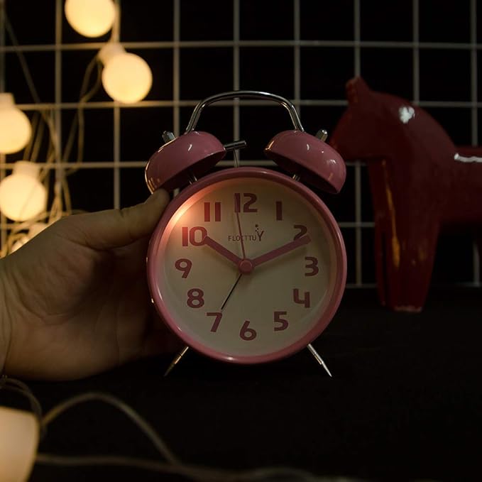 {Loud Alarm for Deep Sleepers) 4'' Twin Bell Alarm Clock with Backlight for Bedroom and Home Decoration(Pink)