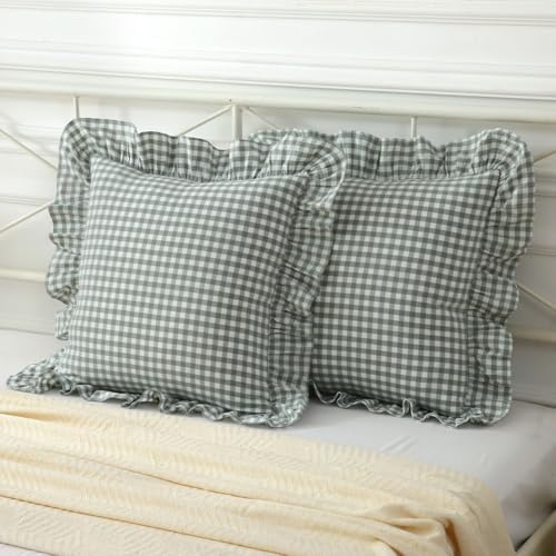 Mywinlle Dusty Green Gingham Plaid Ruffle Throw Pillow Covers 18"x18" by Mywinlle