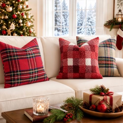 EMEMA Christmas Pillow Covers 18x18 Set of 2, Buffalo Plaid Boucle Throw Pillow - Image 4