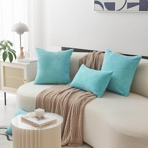 Home Brilliant Turquoise Pillow Covers Striped Corduroy Plush Texture Velvet - Image 3