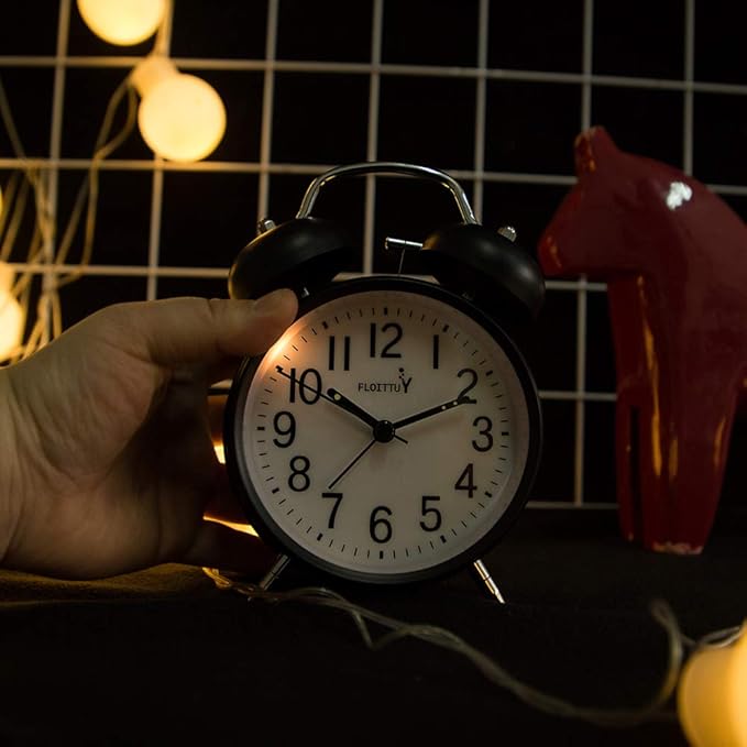 {Loud Alarm for Deep Sleepers) 4'' Twin Bell Alarm Clock with Backlight for Bedroom and Home Decoration(Black)