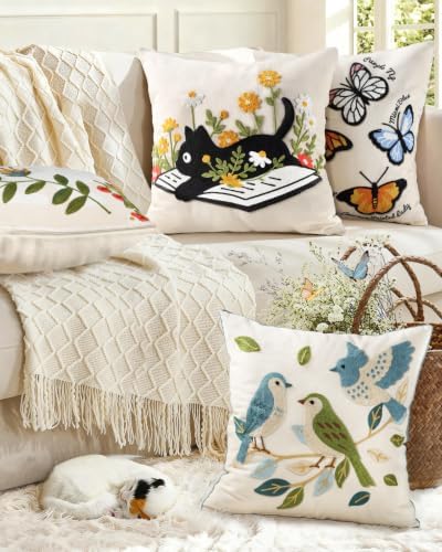 Animal Embroidered Throw Pillow Cover 20x20 Inch, Cat Floral - Image 6