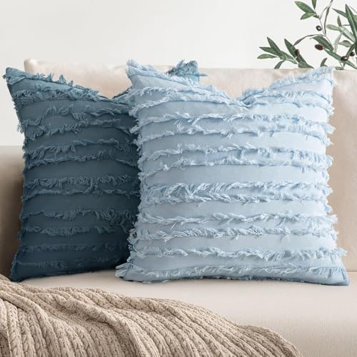 MIULEE Boho Linen Striped Throw Pillow Covers 16x16, Light Blue - Image 4