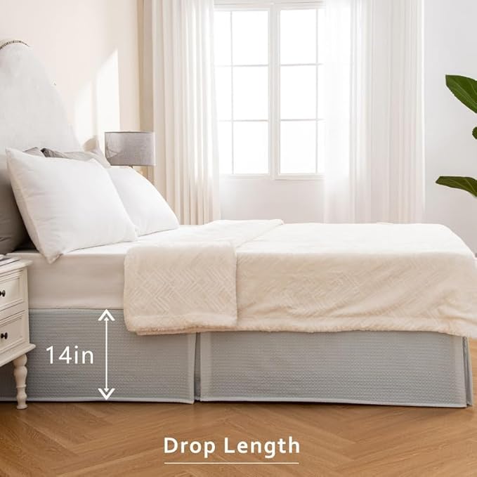 MIYE Pleated Waffle Weave Bed Skirt, Tailored Dust Ruffle 14 Inch Drop Easy Fit, Machine Washable (Light Grey, Twin - 14" Drop)