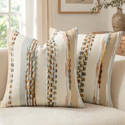 ANRODUO Boho Decorative Throw Pillow Covers 20x20 Inch Rust Blue Pack of 2 by ANRODUO