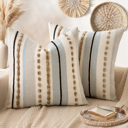 ANRODUO Boho Decorative Pillow Covers 24x24 Light Blue Stripe Pack of 2 by ANRODUO