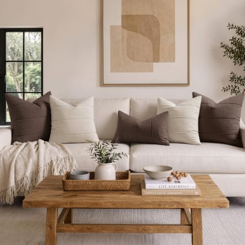 MIULEE Decorative Linen Throw Pillow Covers 20x20 Natural Beige Striped - Image 3