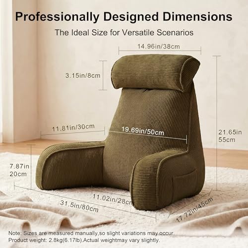 Bed Rest Reading Pillow with Arms & Detachable Headrest, Corduroy Backrest - Image 4