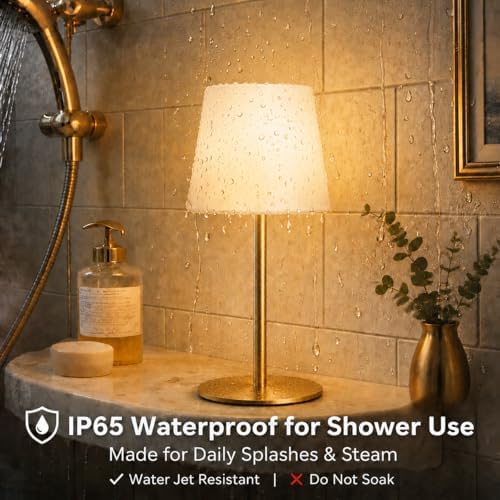 EZVALO Outdoor Cordless Table Lamp, IP65 Waterproof 4500mAh Rechargeble Shower Lamp, Dimmable Touch Lamp, LED Night Light Lamp for Bathroom Patio Camping Restaurant Home 1 Pack (Gold) - Image 2