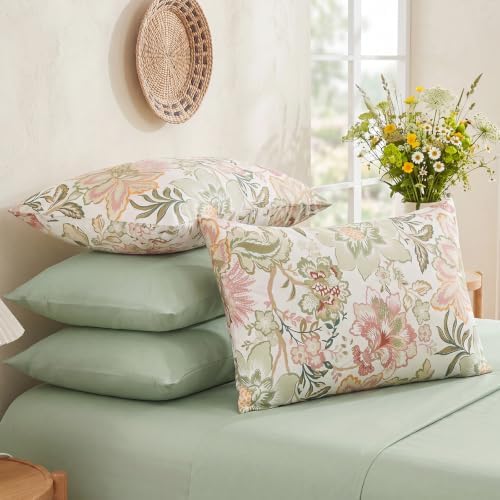 Bedorm 100% Cotton Pillowcases Set of 2 King Size Floral Pillow Cover Green - Image 2