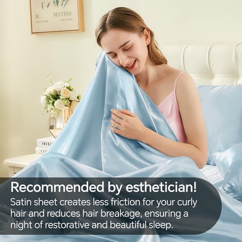 BEDELITE Satin Sheets Full Size Bed Set, Light Blue, 4 Pieces - Image 4