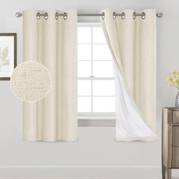 PrinceDeco Linen Texture Curtains 100% Blackout Curtains 64 inch Long 2 Panels Set Full Blackout Linen Curtains with Thermal Insulated Liner Noise Reducing, 42" Wide,64" Length,Bleached Sand