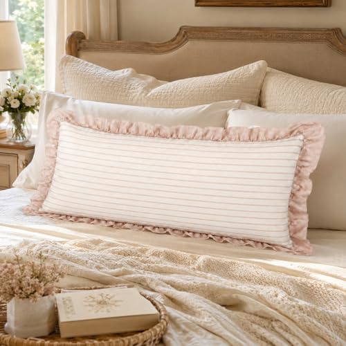 JoraLion Ruffled Lumbar Pillow Cover 14x36 Striped Beige - Image 2