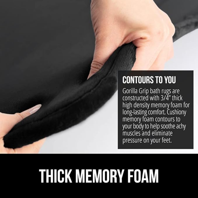GORILLA GRIP Memory Foam Bath Mat, Soft Absorbent Velvet Bathroom Mats, Durable Dots on Underside, Machine Washable Bathmat, Carpet Rug Room Decor for Shower Tub Floor RV, 24x17 Rugs, Black