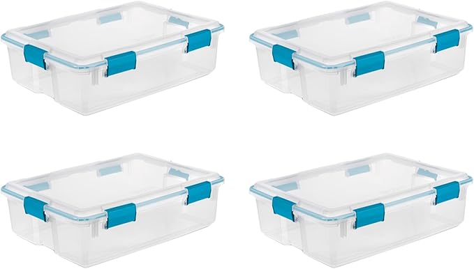 Sterilite 4-Pack Gasket Box, Home Storage Organizer Bins with Lids, 37 Quart – Stackable Clear Plastic Containers for Bedroom, Bathroom, Garage, Basement, or Attic