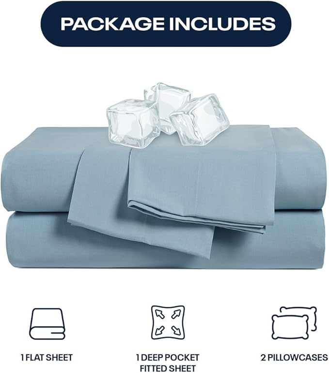 Reebok Queen Sheet Set from Tencel Eucalyptus - Soft, Cooling & Breathable for Hot Sleepers, Deep Pocket Up to 17 Inches, 4Pc Hotel Luxury Bedding Set, Bedsheet & Pillowcases (Niagara Mist, Queen)