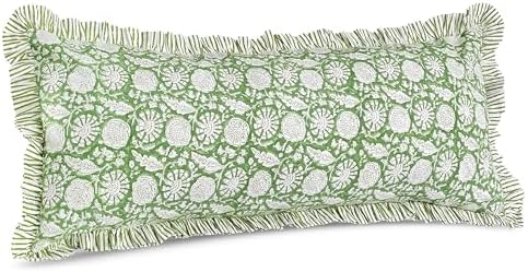 CPC Block Print Olive Bloom Ruffle Cotton Lumbar Pillow Cover 14x36 inch - Image 5